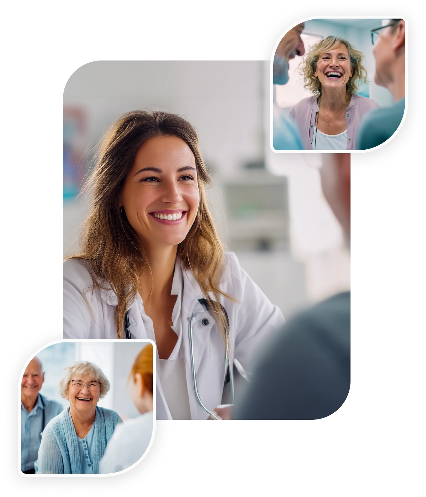 Smiling female doctor speaking with patients, surrounded by smaller photos of happy older adults during a medical visit